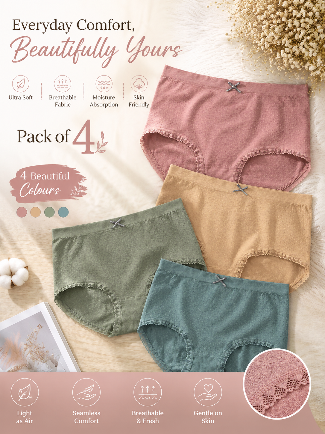 LaceyBreeze Mid-Waist Breathable Panties { Pack of 4}